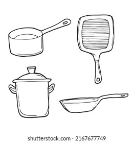 Cacerolada. Montaje de ilustraciones vectoriales dibujadas a mano de paneles de fritura. Los paneles de fritura esbozan iconos de dibujo en diferentes ángulos.