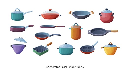Frying pan, pans pots and saucepan set. Kitchen utensils for cooking food at home, restaurant, cafe or catering. Metal cookware, kitchenware supplies for boiling and warming meal dish cartoon vector