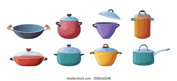 Frying pan, pans pots and saucepan set. Kitchen utensils for cooking food at home, restaurant, cafe or catering. Metal cookware, kitchenware supplies for boiling and warming meal dish cartoon vector