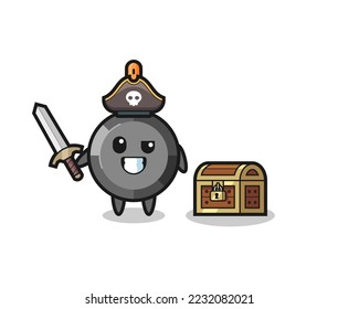 the frying pan pirate character holding sword beside a treasure box , cute style design for t shirt, sticker, logo element