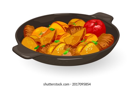 Frying Pan With Potatoes, Spring Onion And Meat. Vector Pan Wok, Ukrainian Dish, Fat And Oily Dinner, Nutritious Vegetable Meal, Cooking Idea Isolated On White Background