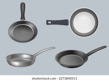 Frying pan. Realistic kitchen utensil for preparing fry products for dinner or breakfast decent vector templates