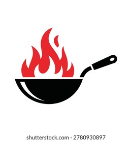 Frying pan with red flames burning on fire cooking symbol