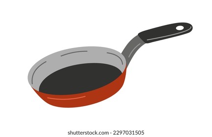 Frying pan red sticker. Icon with non stick pan with handle. Kitchen appliance for cooking food, meal. Color household object and utensil. Cartoon flat vector illustration on white background