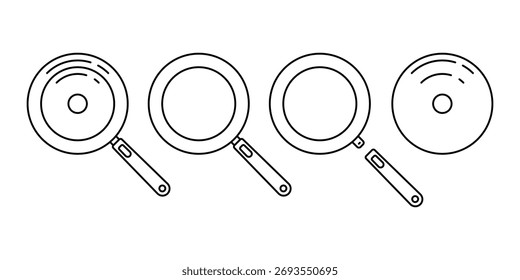 Frying pan with a removable handle and lid icon. Black outline line silhouette. Editable strokes. Top view. Vector simple flat graphic illustration. Isolated object on a white background.