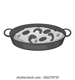 Frying pan with rice and shrimp icon. Gray monochrome illustration of frying pan with rice and shrimp vector icon for web