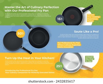 Frying pan sale discount shopping special offer banner design template set realistic vector illustration. Metallic cuisine utensil for cooking fried food preparing cleansing price off advertising