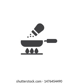 Frying pan and salt vector icon. Food preparation process filled flat sign for mobile concept and web design. Cooking on gas stove glyph icon. Symbol, logo illustration. Vector graphics