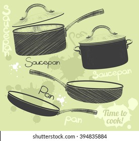  Frying pan and saucepan doodle set isolated on background with hand drawn text. Sketch. Vector illustration. 