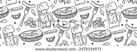 Frying pan with sausages and potatoes outline seamless pattern. Beer snacks, sausage on fork. Fried meat dishes. Background for cafes, bars, menu, recipe. Kitchenware and Cookware. Vector illustration