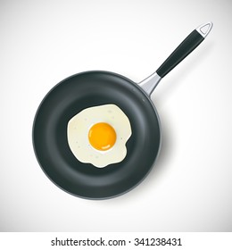Frying pan with scrambled egg in realistic style isolated vector illustration 