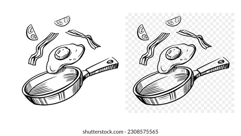 Frying pan with scrambled eggs and bacon and vegetables. Hand drawn vector sketch illustration