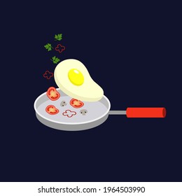 Frying pan with scrambled eggs and vegetables. Vector illustration
