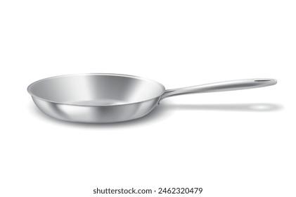 Frying pan of shiny steel surface realistic vector illustration. Kitchen cookware design. Food roasting equipment 3d object on white background