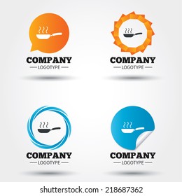 Frying pan sign icon. Fry or roast food symbol. Business abstract circle logos. Icon in speech bubble, wreath. Vector