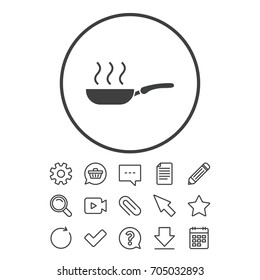 Frying pan sign icon. Fry or roast food symbol. Document, Chat and Paper clip line signs. Question, Pencil and Calendar line icons. Star, Download and Shopping cart. Vector