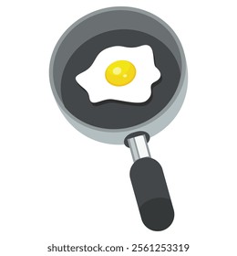 Frying pan with a single fried egg, white part and yellow yolk in the center, black handle. Ideal for breakfast and cooking demos