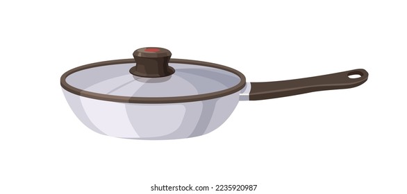 Frying pan, skillet with handle and cover. Aluminum metal frypan. Steel kitchen appliance closed with glass lid, cap. Kitchenware for cooking. Flat vector illustration isolated on white background