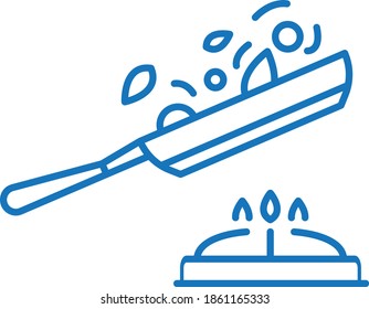 Frying pan or skillet or wok on stove cooking vector icon (blue version)