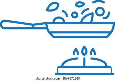 Frying pan or skillet or wok on stove cooking vector icon (blue version)