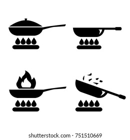 Frying Pan Or Skillet And Wok On Stove Cooking Vector Icon Set