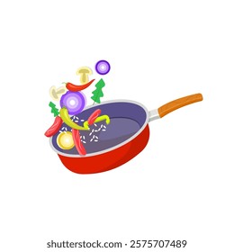 Frying Pan with sliced vegetables and meat vector illustration.