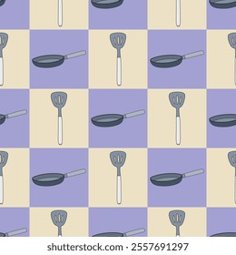 Frying pan and slotted spatula seamless pattern with checkered background in a flat color cartoon style breakfast concept, vector