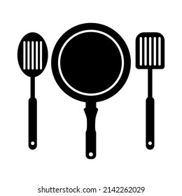 Cuchara de fritura y espátula para sartén, signo negro sobre fondo blanco, ilustración vectorial