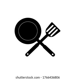 A frying pan and a spatula in a cross to cross position, isolated on a white background. Vector illustration, black silhouette, flat icon, cartoon minimal design, eps 10.