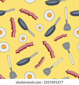 Frying pan, spatula, fried egg, bacon seamless pattern with yellow background in a flat color cartoon style breakfast concept, vector