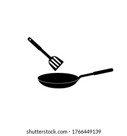 Frying pan and spatula isolated on a white background. Vector illustration, flat cartoon minimal design, eps 10.