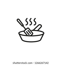 Frying pan with spatula line icon. Baking, food preparation, kitchen. Cooking concept. Vector illustration can be used for topics like food, culinary, housework