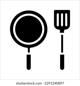 Frying pan with spatula line icon. Baking, food preparation, kitchen. Cooking concept, vector illustration on white background