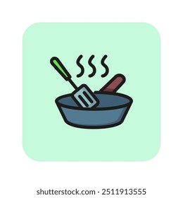 Frying pan with spatula line icon. Baking, food preparation, kitchen. Cooking concept. Vector illustration can be used for topics like food, culinary, housework