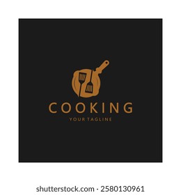 frying pan and spatula logo, kitchen cooking equipment, for business, company, restaurant