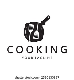 frying pan and spatula logo, kitchen cooking equipment, for business, company, restaurant