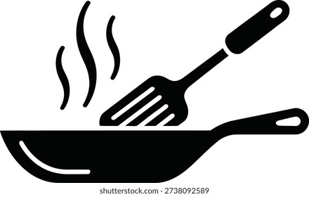 Frying Pan with Spatula and Steam Icon Minimalist Black Kitchen Utensil Silhouette