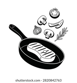 Frying Pan With Steak And Vegetables Black And White Silhouette