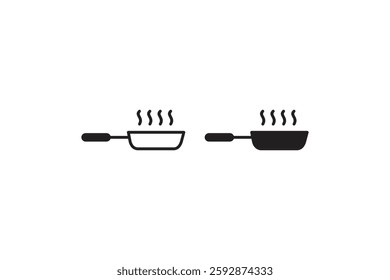 Frying pan with steam icon in black and white Vector