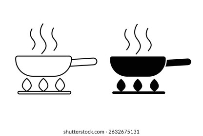 frigideira com conjunto de ícone de vapor. conjunto de estilo plano e linha. representando cozinha e atividades de cozinha. ilustração vetorial.