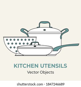 Frying Pan Stock Pot Colander Cookware Simple Form Vector Illustration. Vector Illustration Isolated Logo Icon Restaurant Menu Banner. Pan Skillet Frypan Saucepan Isolated Background. Kitchen Concept