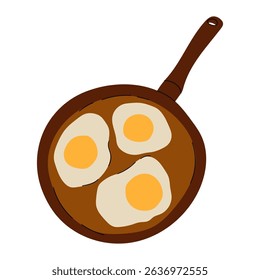 Frying pan with three sunny-side-up eggs, viewed from above. Ideal for food, breakfast, cooking, or kitchen-related content. Simple flat design style. Vector Stock Illustration.
