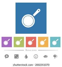 Frying pan top view flat white icons in square backgrounds. 6 bonus icons included.