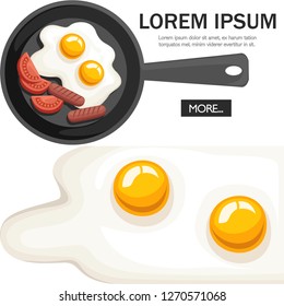 Frying pan, top view. Pan with fried egg, tomatoes and sausages. Flat vector illustration on white background. Website page and mobile app design. Concept for cooking. Place for text.