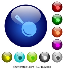 Frying pan top view icons on round glass buttons in multiple colors. Arranged layer structure