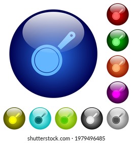Frying pan top view icons on round glass buttons in multiple colors. Arranged layer structure