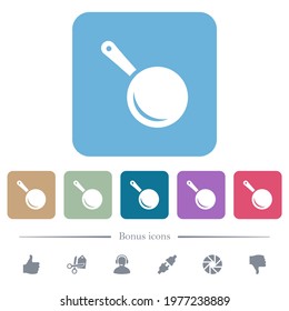 Frying pan top view white flat icons on color rounded square backgrounds. 6 bonus icons included