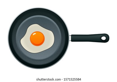 Frying pan. Traditional breakfast. Eating breakfast. Pan with fried egg. Cooking foods. Scrambled egg. Top view. Metallic utensil for frying. Fast food. Isolated white. EPS10 vector illustration