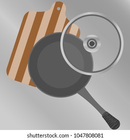 frying pan with a transparent lid and cutting board on the top view