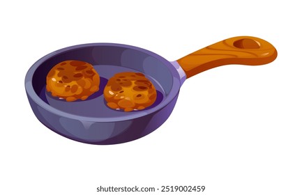 Frying pan with two browned meat cutlets cooking inside. Isolated cartoon vector kitchen skillet with a wooden handle emphasizing the cooking process and preparation meal from homemade minced meat